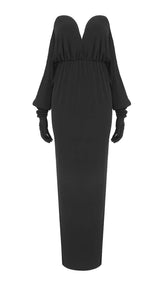 TRÄGERLOSES DRAPIERTES MAXIKLEID AUS STRICK IN SCHWARZ